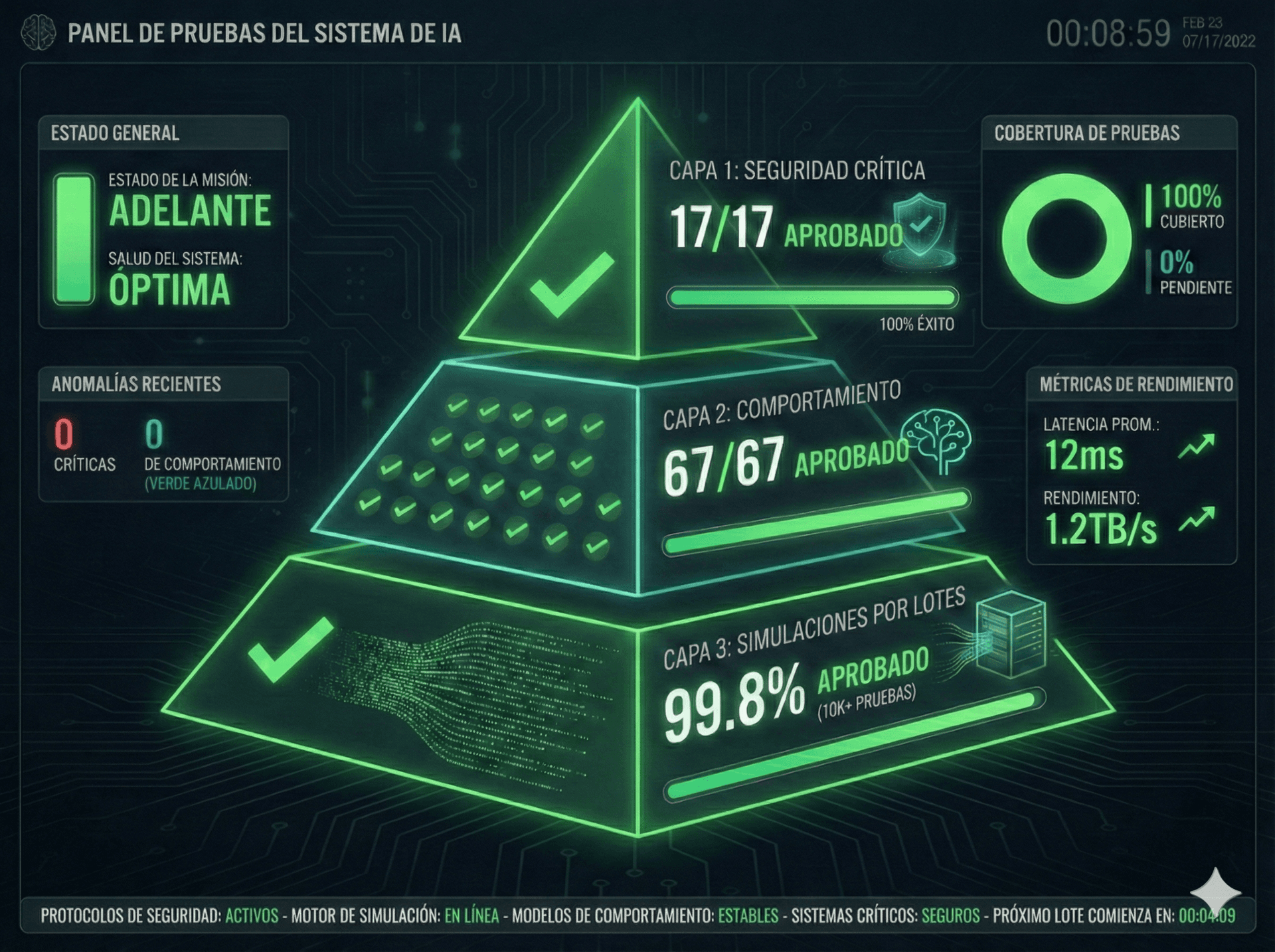 Panel de Pruebas del Sistema de IA mostrando tasas de aprobación del 100%