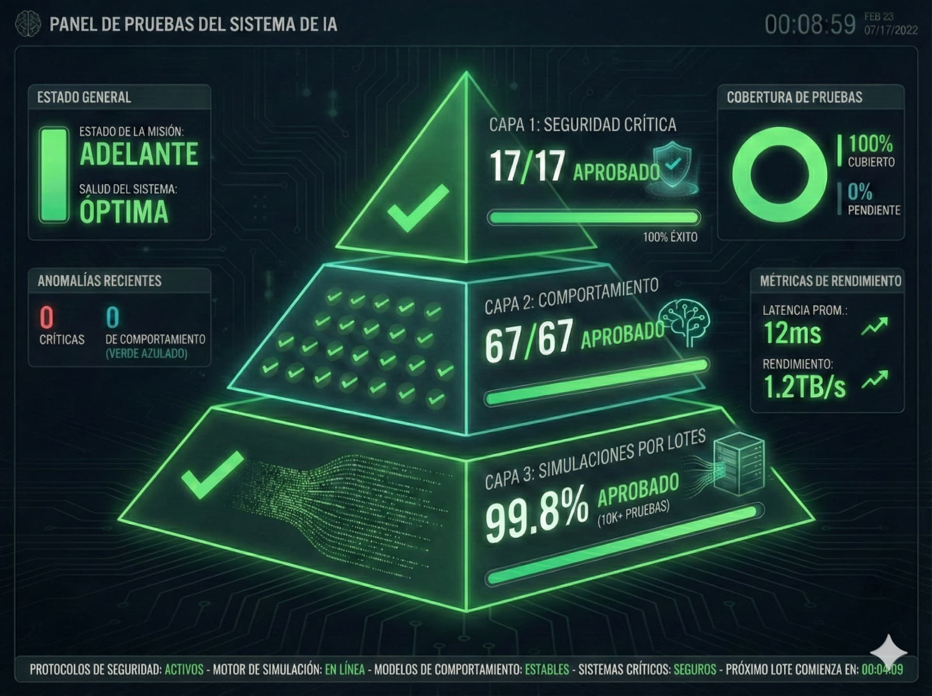 Panel de Pruebas del Sistema de IA mostrando tasas de aprobación del 100%